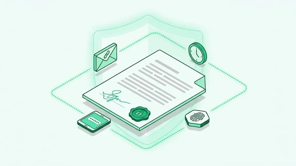 Document signé et scellé, entouré des étapes du dossier de preuve : e-mail, code SMS, horodatage et empreinte