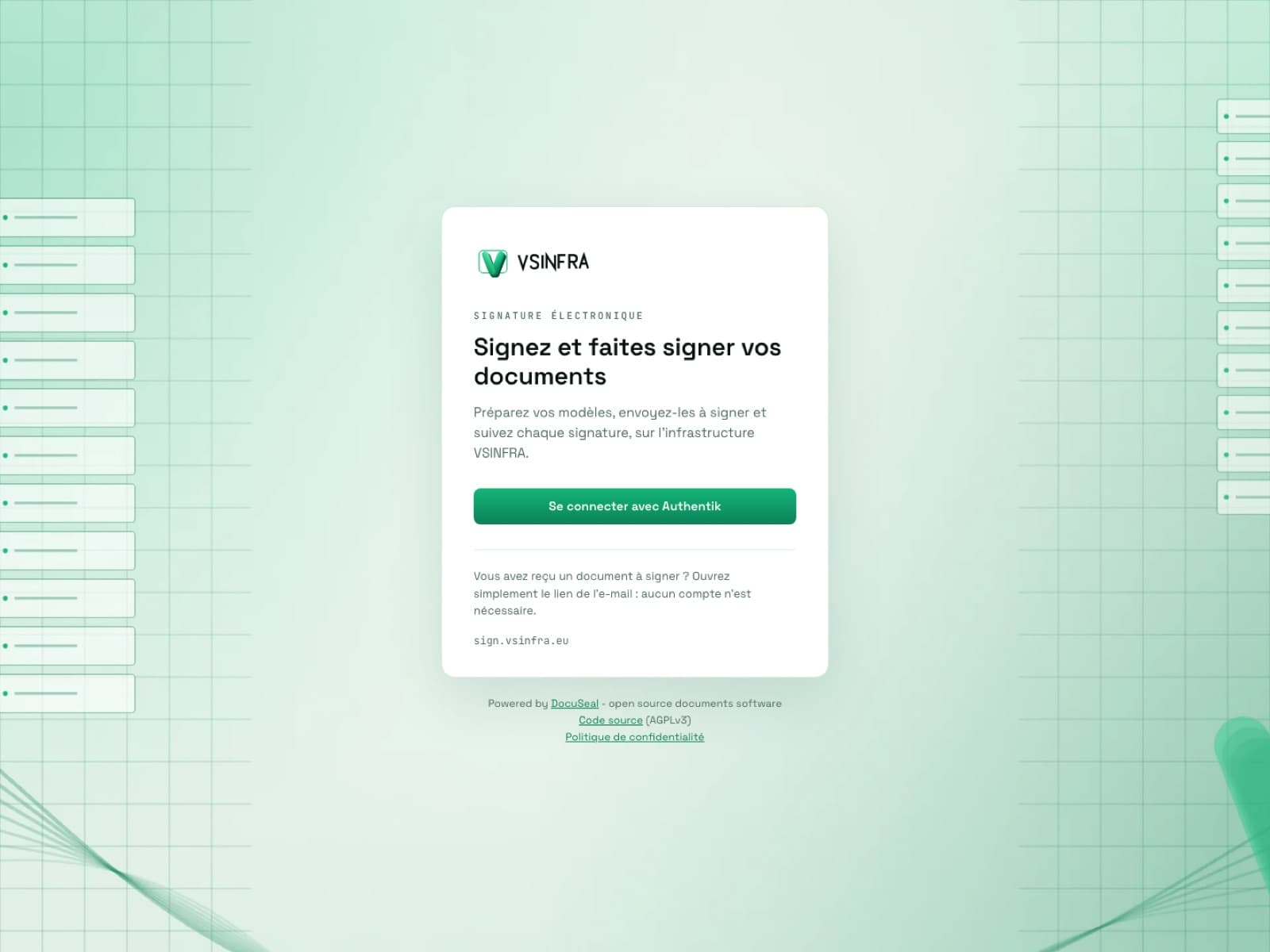 Page de connexion du service de signature électronique VSINFRA