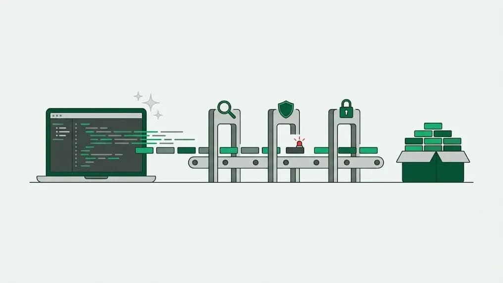Du code généré sur un ordinateur portable passe par trois contrôles (loupe, bouclier, cadenas) avant d'être livré ; un bloc est arrêté au contrôle de sécurité
