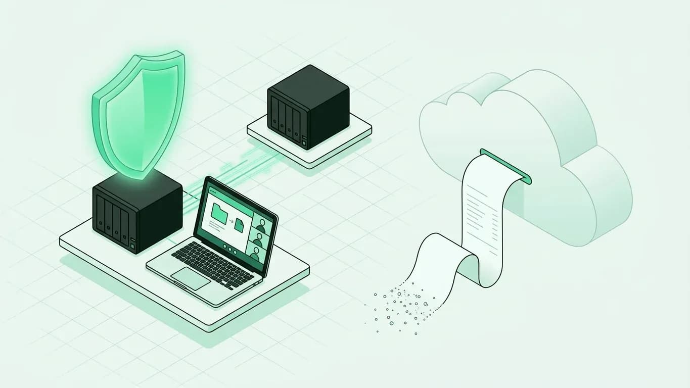 Illustration : un NAS au bureau protégé par un bouclier, une copie sur un second site, et une facture qui s'envole d'un nuage